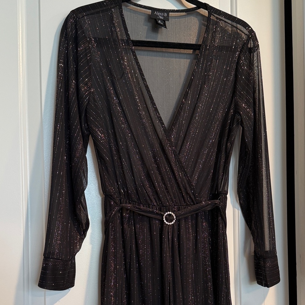 NWT Alexa B Nites Black Metallic Shimmer Sheer Long Sleeve Dress